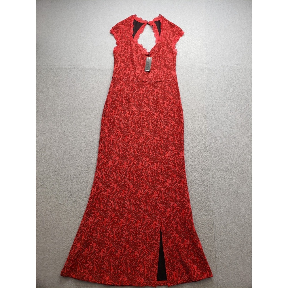 VFSHOW Women‎ Maxi Dress L Red Floral Cap Sleeve Keyhole Back Slit Evening Gown